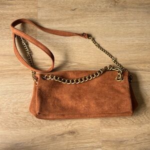 Rust Suede Shoulder Bag with Gold Chain